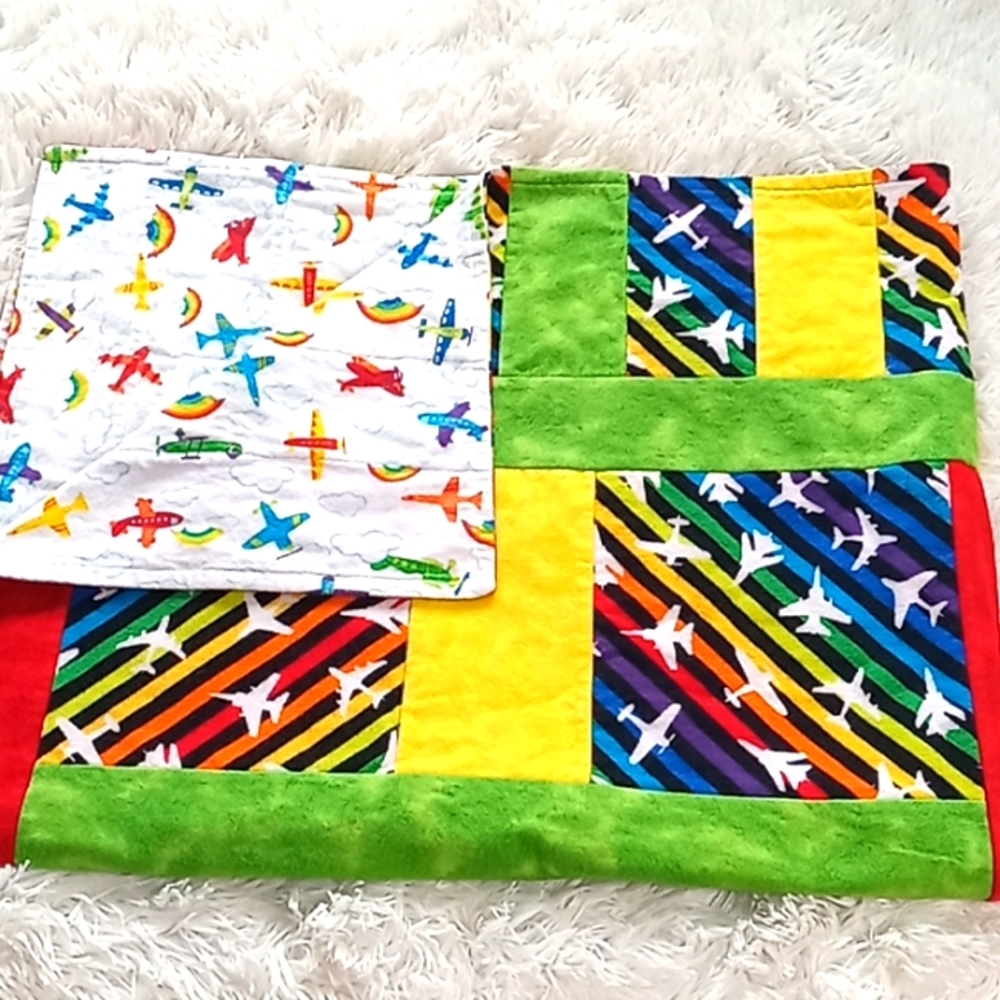 Handmade Airplane and Rainbows Fleece Blanket.